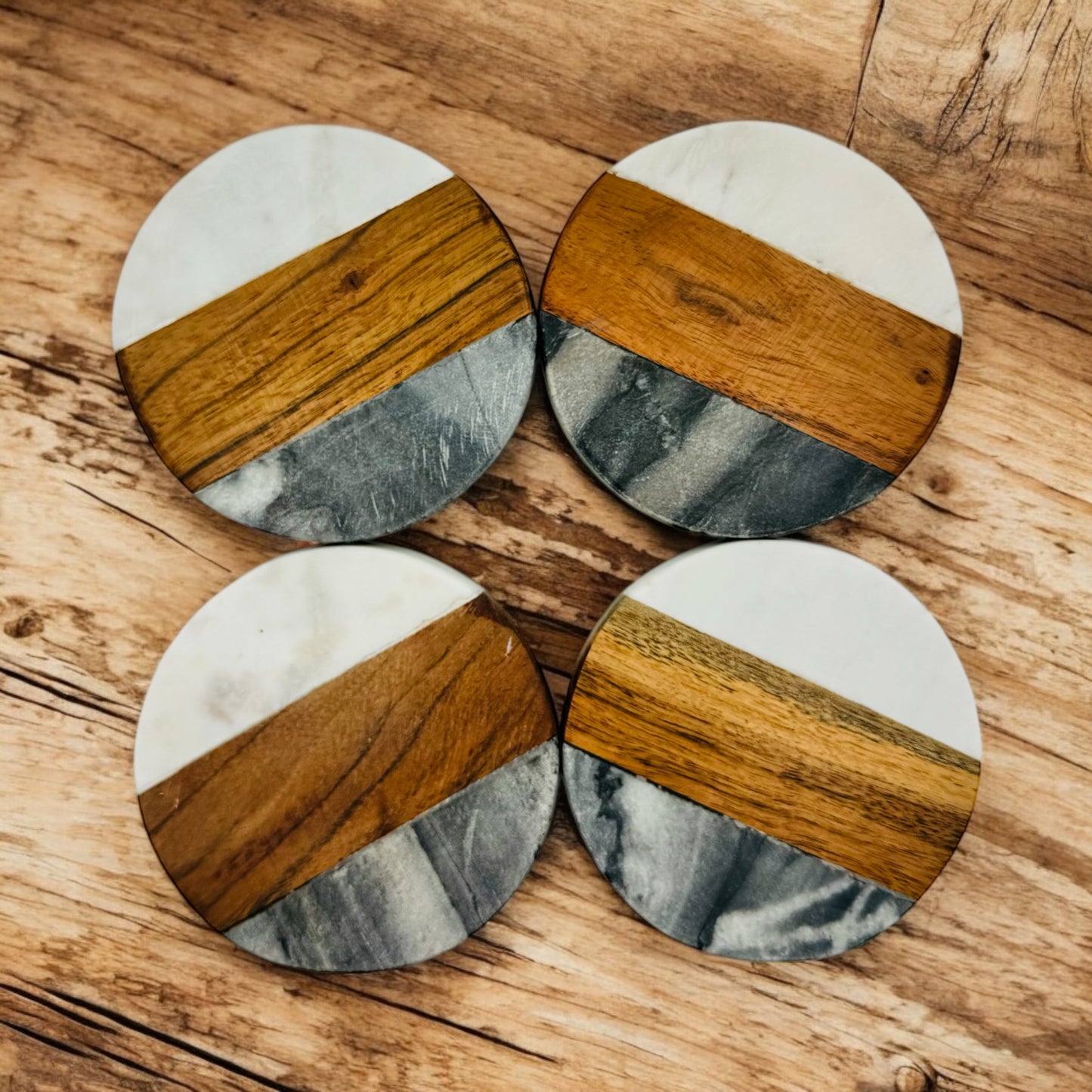 Two-Tone Marble & Acacia Coasters (Set of Four)