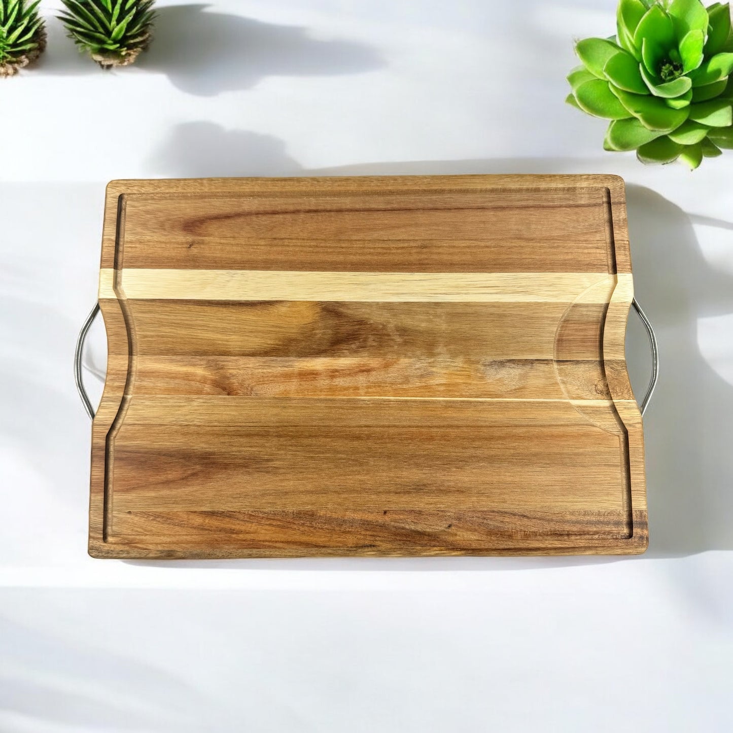 Acacia Wood Serving Board with Metal Handles