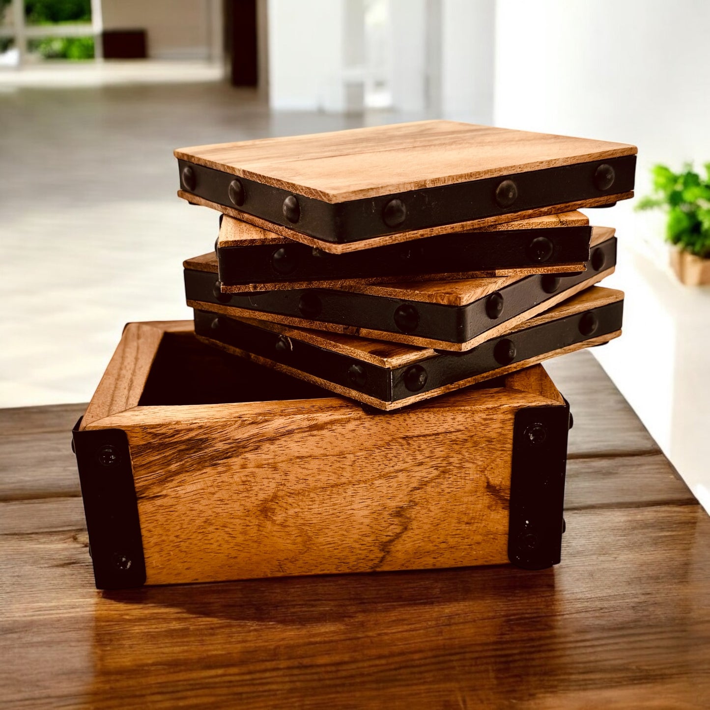 Acacia & Metal Stud Coasters (Set of Four)