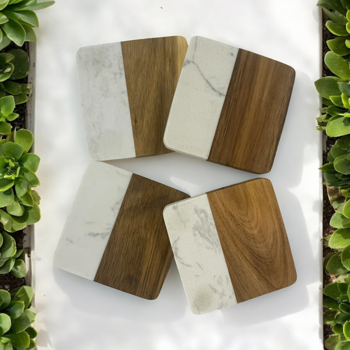 Marble and Acacia Coasters (Set of 4)